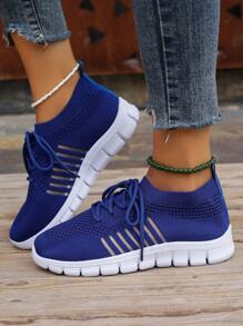 女士大码休闲低跟运动网球鞋，舒适轻便透气网眼运动鞋，平底系带跑步鞋 - 寶藍色 - 查看 4