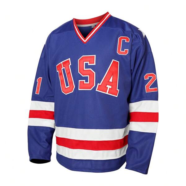 Maglia uniforme da hockey su ghiaccio a maniche lunghe con collo a V e ricamo a lettera a blocchi di colore per uomini