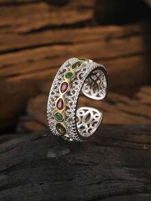 1入時尚奢華s925純銀復古宮廷風格花綴開口戒指,適用於女性日常穿戴派對禮物 - 銀色 - 查看 3