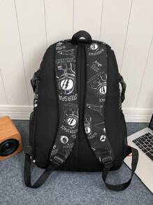 1 pieza Mochila unisex de nailon con estampado de niño espacial y estampado de letras, cierre con cremallera, bolsa de hombro casual y de moda para la escuela
