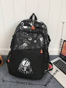 1 pieza Mochila unisex de nailon con estampado de niño espacial y estampado de letras, cierre con cremallera, bolsa de hombro casual y de moda para la escuela