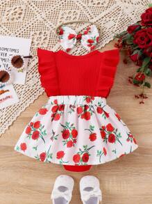 Set da 2 pezzi Pagliaccetto neonata con motivo a rose, arricciature, contrasto di colore e cappuccio, con fascia per capelli, stile casual da vacanza