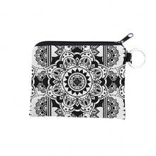 1 件曼陀羅印花 3d 數位印花零皮夾女式多隔層便攜式包 - 黑與白 - 查看 4