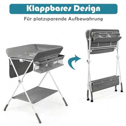 Combinación para cambiar pañales 3 en 1, mesa para cambiar pañales, estación de baño, tendedero, ajustable en altura, plegable y enrollable, con bolsillo lateral y compartimentos de almacenamiento, cambiador con cinturón de seguridad (gris)