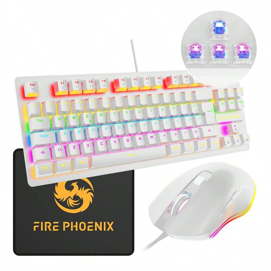 Kit Teclado Mouse Mecanico Abnt2 Gamer Rgb Usb Pc Led Switch Blue Be-k1 - Branco - Visão 1