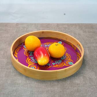 1入組圓形印花竹製服務托盤,適用於零食、咖啡、水果、麵包、早餐、午餐、晚餐、開胃菜和存儲