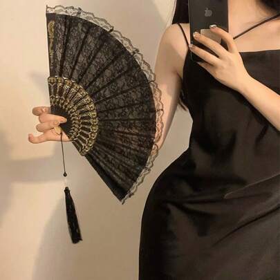 1 件女式双层蕾丝复古流苏，精致时尚，烫金，欧式镂空，优雅大方的花卉蕾丝舞扇，适合日常使用。万圣节情人节