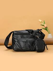 Của phụ nữ Da Túi đeo chéo Với ví coin , Nhiều lớp Túi đeo vai Với Dệt Đồ trang trí Và Mềm mại Chất vải - màu đen - Xem 2