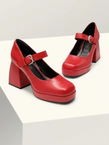 Women High Chunky Platform Closed Toe Block Heels Square Toe Strappy Dress Prom Wedding Party Pumps Shoes - 紅色 - 查看 7