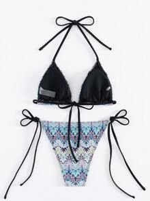 夏季纯色性感分体比基尼泳装，适合海滩度假 - 黑色 - 查看 4