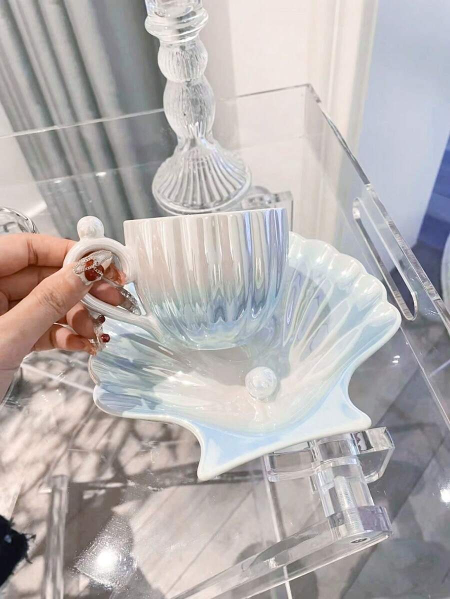 1 套珍珠漸層釉 240 毫升咖啡杯和碟,陶瓷 Ins 風格杯子設計不受歡迎的水杯茶具優雅杯子套裝
