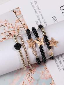 5pcs/Set Black Bohemian Butterfly & Rose Pendant Creative Multi-Layer Adjustable Bracelet - Black - View 1