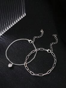 2pcs/Set Fashionable Silver-Color Heart Shaped Element With Cubic Zirconia Chain Bracelet, Unique & High-End Gift - Silver - View 2