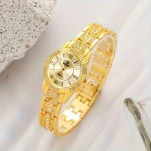 1pc Valentine's Day Gift Full Diamond Decor Ladies' Watch, High-End Jewelry Fashion Wristwatch - Gold - View 3