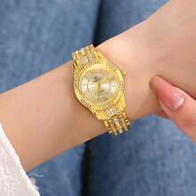 1pc Valentine's Day Gift Full Diamond Decor Ladies' Watch, High-End Jewelry Fashion Wristwatch - Gold - View 2
