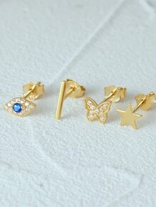 4入組925純銀精緻蝴蝶星型耳釘套裝,適用於多處穿孔,18k鍍金軟骨,低敏水晶鋯石邪惡之眼款耳環,可日常佩戴,適用於婚禮、情人節等場合 - 金色 - 查看 2