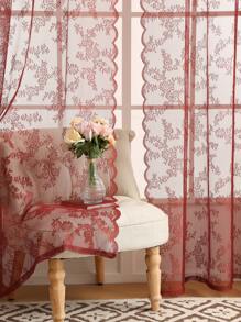 1pc Small Rose Embroidered Rod Pocket Sheer Curtain, Suitable For Living Room, Bedroom, Bay Window - Red - View 5