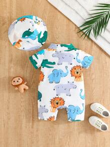 2 stukken Pasgeboren Baby Jongens Lente/Zomer Dieren Tekening Patroon Geprint Shirt Stijl: Romper Met hoed Sets