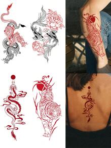4pcs Waterproof And Sweatproof Temporary Tattoo Sticker Set With Chinese Style Patterns, Including Dragon, Tiger, Fish, Flowers, Phoenix, Etc. It Is Fashionable, Exquisite, And Attractive For Daily Use Of Fashionable People.