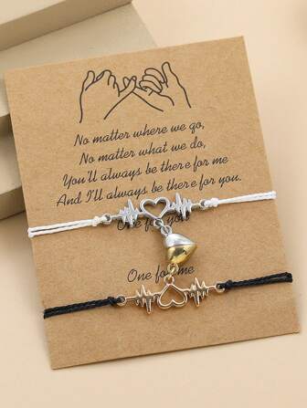 Set de 2 pulseras de hechas a mano con patrón de electrocardiograma para adolescentes, pulseras magnéticas en negro y blanco