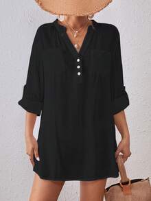 Women's Solid Color Notch Collar Long Sleeve Cover Up - Black - View 5