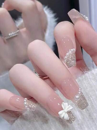 24pcs/Set Coffin-Shaped Luxury Pearl & Bowknot Design French Style Glitter False Nails, Suitable For Parties, Weddings And Daily Use Press On Nails Nail Supplies