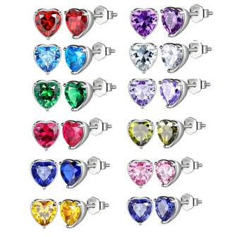 1pair Birthstone Hearts Earrings For Women Girls, 925 Sterling Silver Earrings Cubic Zirconia Crystal 12 Birthstone Fine Stud Earrings Valentine Luxurious Elegant Romantic Jewelry Gift For Her Mom Wife Fiancee Girlfriend Birthday Weddings Anninversary Mother's Day, Dating Valentine's Day Gifts