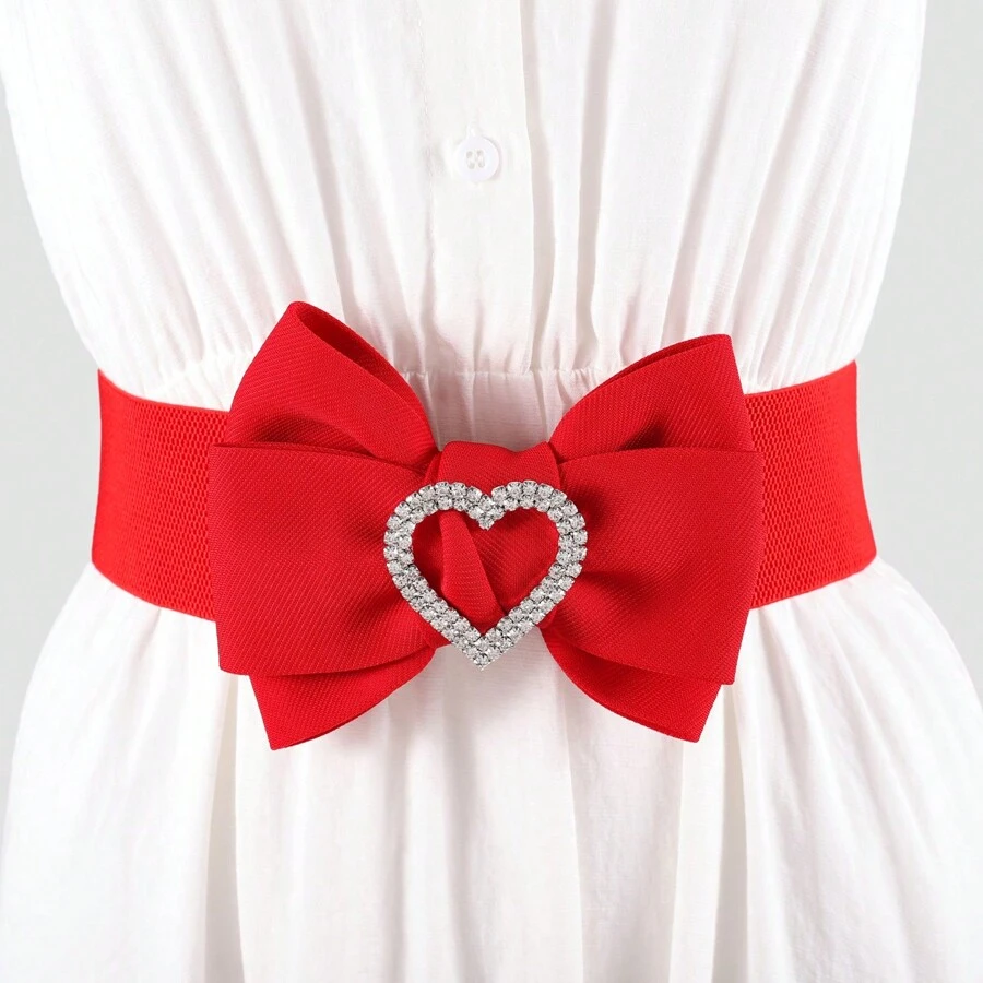 1pc Women's Elastic Belt With Diamond-Studded Heart Shaped Bowknot For Waist Slimming - Red - View 1