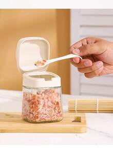 1pc Kitchen Seasoning Organizer Rack, Wall-Mounted Glass Condiment Set With Salt & Spice Jars - Yellow - View 4