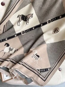 波西米亚风单件装女士秋冬双面围巾，仿羊绒披肩围巾，厚实保暖，适合户外和空调房佩戴，女士配饰 - 卡其色 - 查看 2