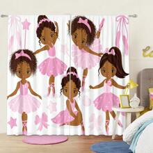 2pcs/Set Lovely African American Princess Ballet Dancing Digital Printed Curtain, Polyester Material, Pocket Rod Style, Suitable For Living Room, Bedroom, Study, Bathroom, Classroom, Home Decor
