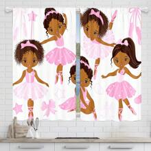 2pcs/Set Lovely African American Princess Ballet Dancing Digital Printed Curtain, Polyester Material, Pocket Rod Style, Suitable For Living Room, Bedroom, Study, Bathroom, Classroom, Home Decor