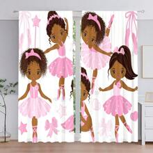 2pcs/Set Lovely African American Princess Ballet Dancing Digital Printed Curtain, Polyester Material, Pocket Rod Style, Suitable For Living Room, Bedroom, Study, Bathroom, Classroom, Home Decor