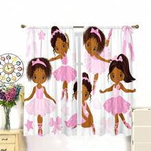 2pcs/Set Lovely African American Princess Ballet Dancing Digital Printed Curtain, Polyester Material, Pocket Rod Style, Suitable For Living Room, Bedroom, Study, Bathroom, Classroom, Home Decor