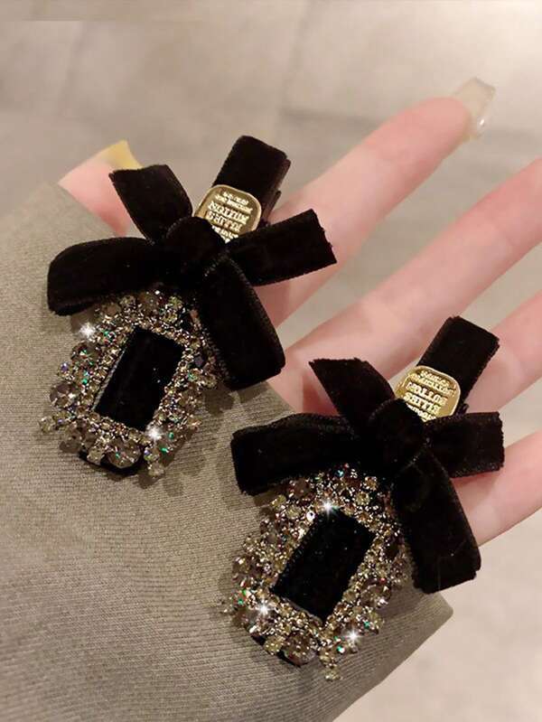 1pc Girls' Elegant Hair Clip, Gray Rhinestone Embellished Bowknot Headwear For Side, Back, Or Fringe