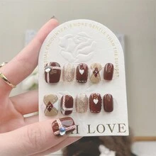 10 件巧克力色復古別緻純手繪美甲套裝搭配美白效果 + 1 件指甲銼 + 1 件果凍凝膠 - 彩色 - 查看 2