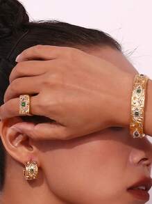 1入女士手鍊,不銹鋼材質,眼睛設計,手工鑲嵌孔雀石,奢華簡潔風格,歐美金屬風格,時尚珠寶饰品 - 金色 - 查看 2