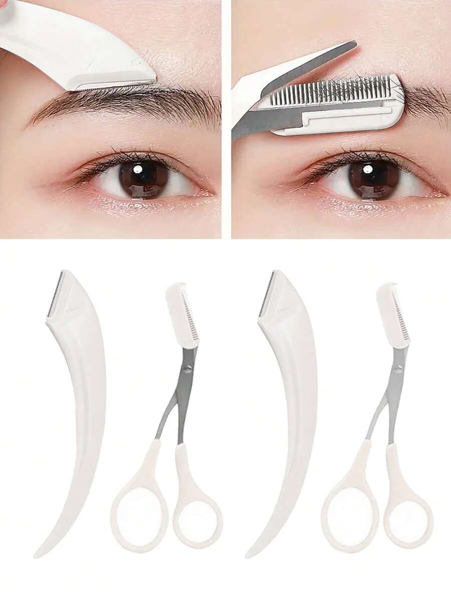修眉刀剪刀,1套帶梳子眉剪中性修眉刀 - 白色 - 查看 1