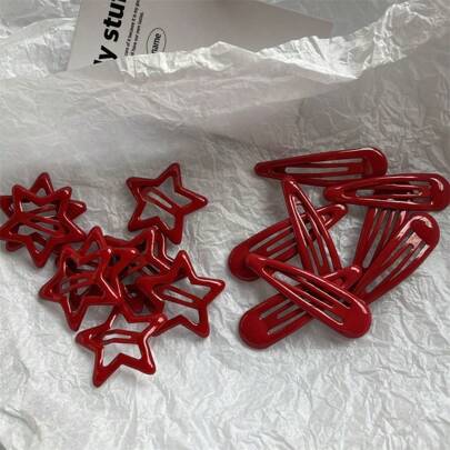 街头风 10 件套 女士红色油滴、星星、水滴图案后脑勺发夹，适合日常、居家、通勤和校园装扮装饰，简约可爱风格爪夹发夹，发卡，学习用品，发饰，新年魅力，女士发饰