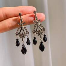 1對黑水晶流蘇吊墜耳環,巴洛克風格復古豪華高端耳環,適合女性日常佩戴和參加派對 - 黑色 - 查看 2