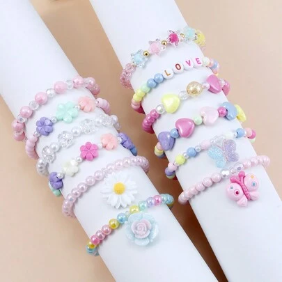 Bộ 12 vòng tay hình bướm và hoa dễ thương cho bé gái, Phụ kiện trang sức đính hạt, Màu sắc ngẫu nhiên, Thích hợp làm quà tặng dự tiệc cho bé gái