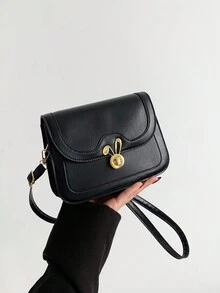 Fashionable Turn-Lock Design Shoulder Bag For Girls With Color Block Flap, Women Handbag - Black - View 7