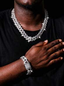 kuuioe 1 pièce collier de style hip-hop avec chaîne et rabat orné de strass, bijou à la mode étincelant, cadeau de la Saint-Valentin pour la Saint-Valentin, la maman, la mère, la Fête des Mères - Argent - Voir 8