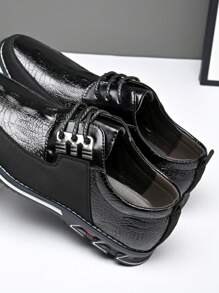 Men's Black Lace-Up Casual Shoes With Soft Sole And Embossed Soft Surface - Black - View 5