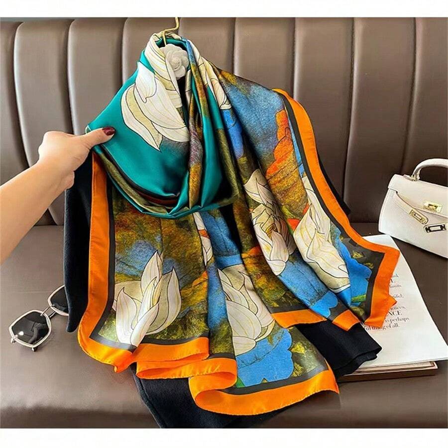 風復古輕質荷花印花絲巾女,可當披肩或圍巾,適合空調場所或增添保暖效果 - 綠色 - 查看 1