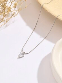 Nooxian 1條時尚優雅的不鏽鋼蛇形圈和立方氧化鋯心形吊墜項鍊 - 銀色 - 查看 3