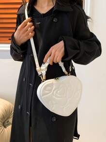 女士时尚褶皱手提包，云形斜挎包，带心形图案和接缝细节，休闲包 - 白色 - 查看 8