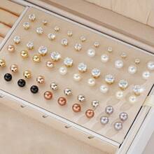 24-60入組時尚簡約風閃亮鑽石和假珍珠圓珠耳釘，適用於節日、派對、約會、禮物和日常佩戴