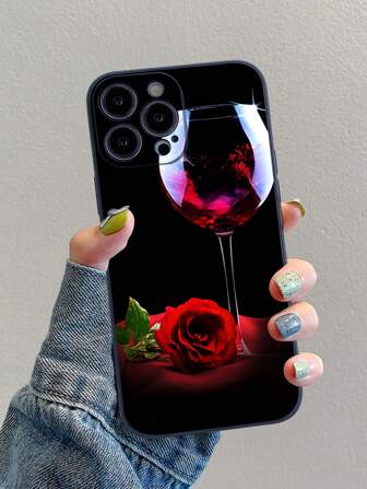 Valentines 1pc Black Rubix Cube Drop Resistant Painted Red Roses & Wine Glass Phone Case Compatible With IPhone