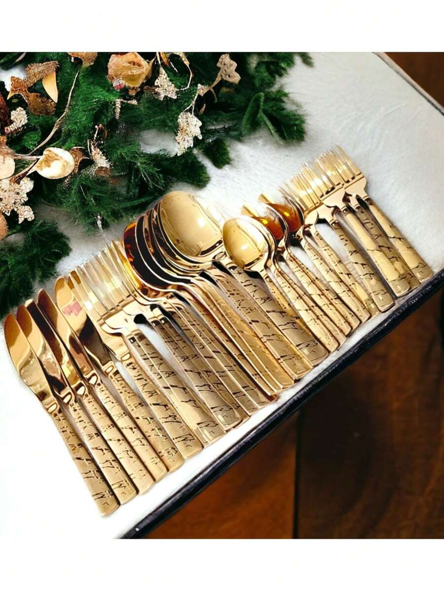 Faqueiro de Inox De Luxo Talheres de Cozinha Dourado Cabo desenho Galhos faca de Mesa Colher de Mesa Colher de Sobremesa Garfo de Mesa 30peças